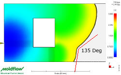 6. Flow front angle @ 135&ordm;. At the initial point of contact the weld is almost always visible. Once the angle of the merging flow fronts passes 135&ordm;, the weld changes to a "meld" where the flow fronts move in parallel. see below: 